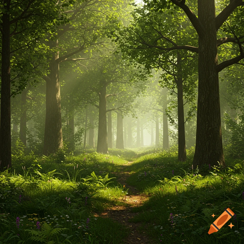 A sunlit forest path winds through tall trees and lush green undergrowth, with light filtering through the leaves.