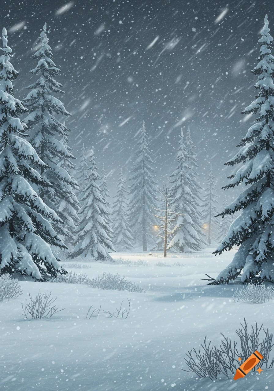 A dense snow-covered forest during a blizzard, with distant lights glowing through the falling snow.
