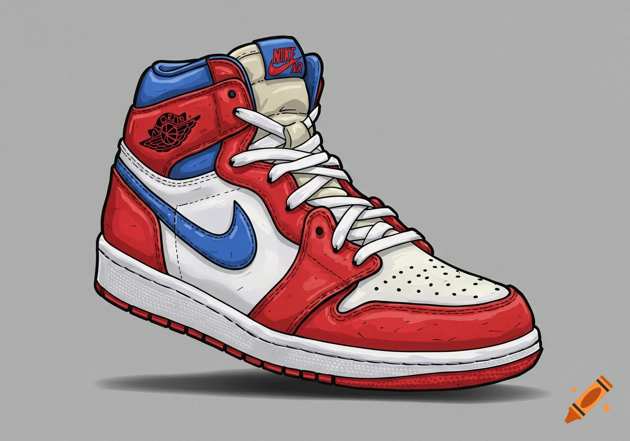 Illustration of a red, white, and blue Air Jordan sneaker with black outlines and "Nike Air" text.