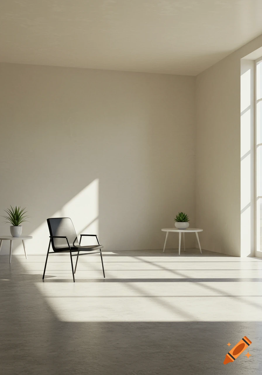 Minimalist room with a black chair, two small tables with potted plants, and sunlight casting shadows from a large window.