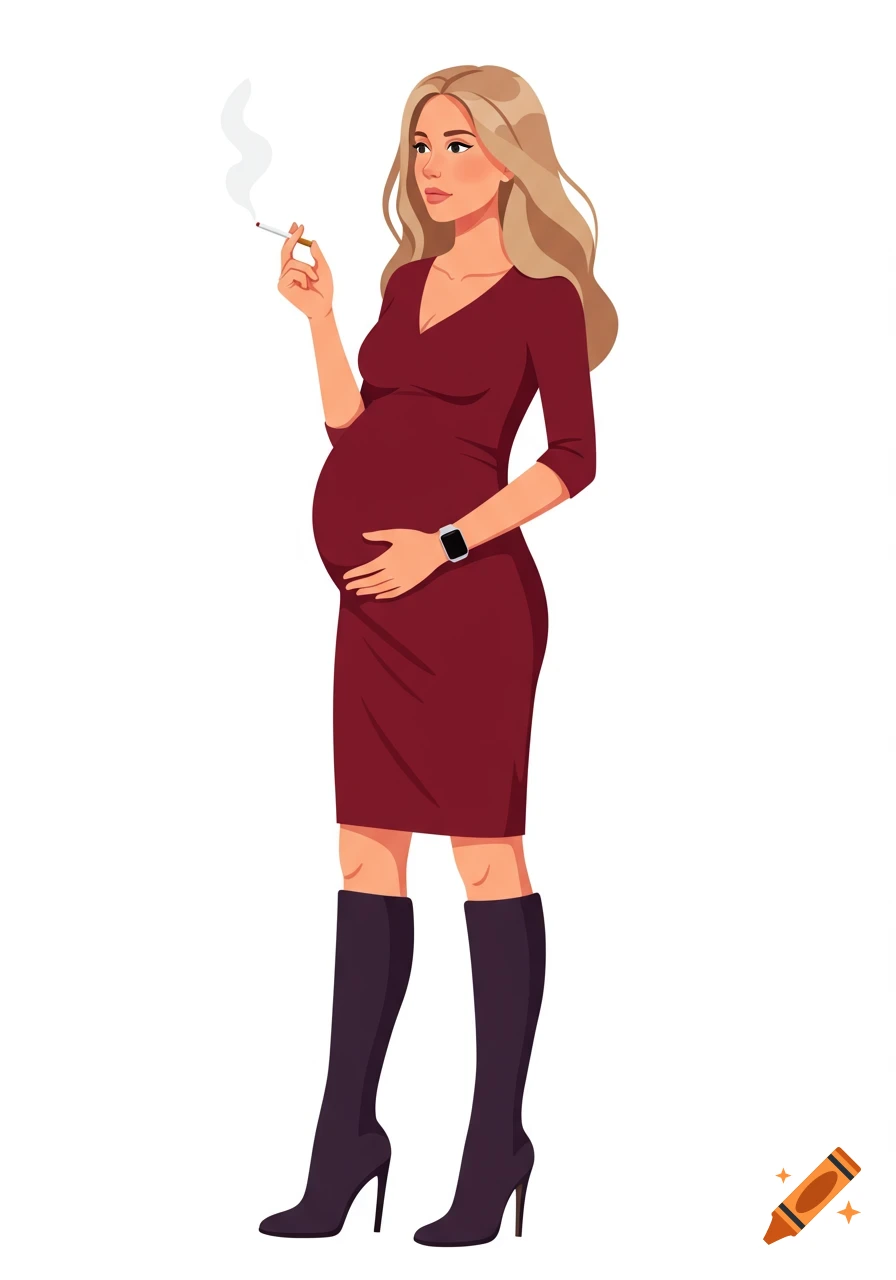 An illustration of a pregnant woman with long blonde hair, wearing a red dress and high-heeled boots, holding a lit cigarette.