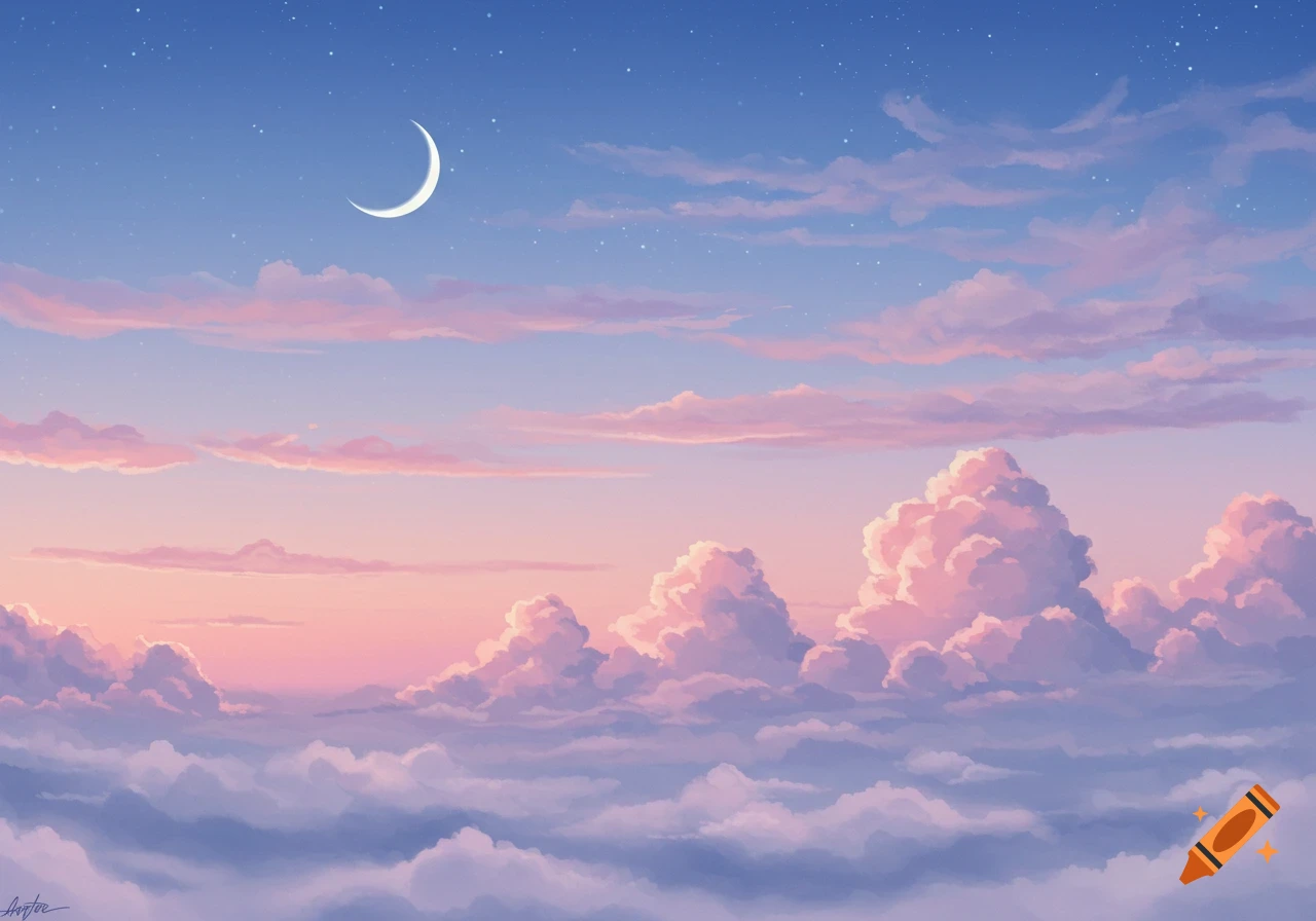 A crescent moon and tiny stars in a clear blue sky filled with soft pastel pink and purple clouds at dawn or dusk, digital art style.