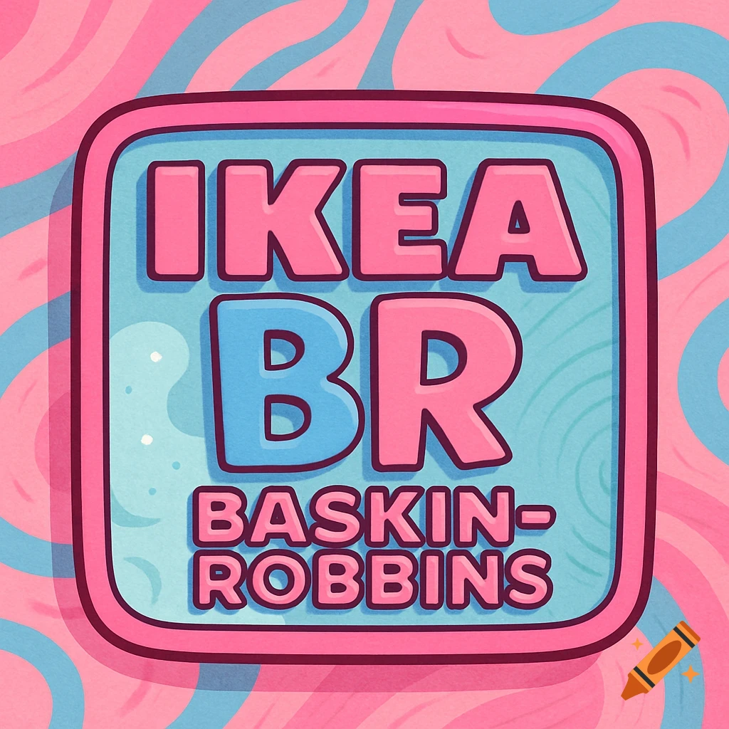 A cartoon-style logo combining IKEA and Baskin-Robbins, featuring "IKEA BR BASKIN-ROBBINS" text in pink and blue on a rounded square frame.