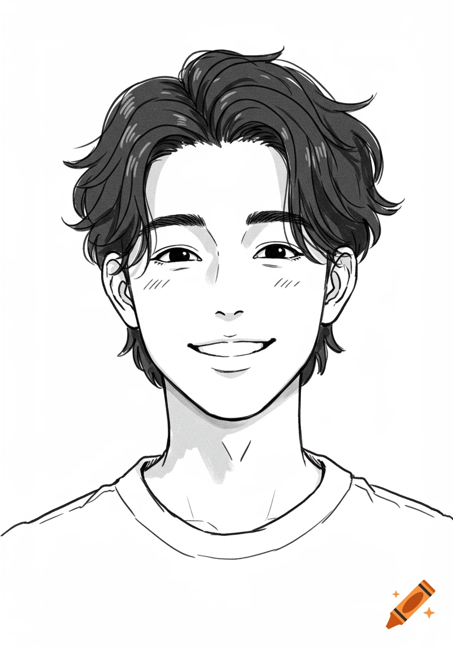 Black and white hand-drawn sketch of a smiling young man with a shadow perm.