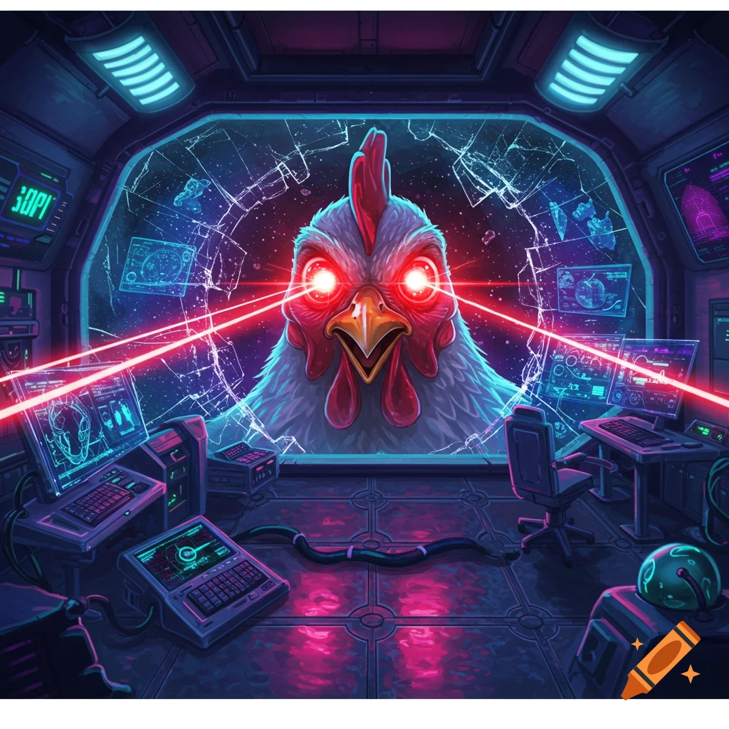 A giant, red-eyed chicken shooting lasers from its eyes bursts through a spaceship window, scorching high-tech gadgets in a vibrant, cartoonish sci-fi scene.