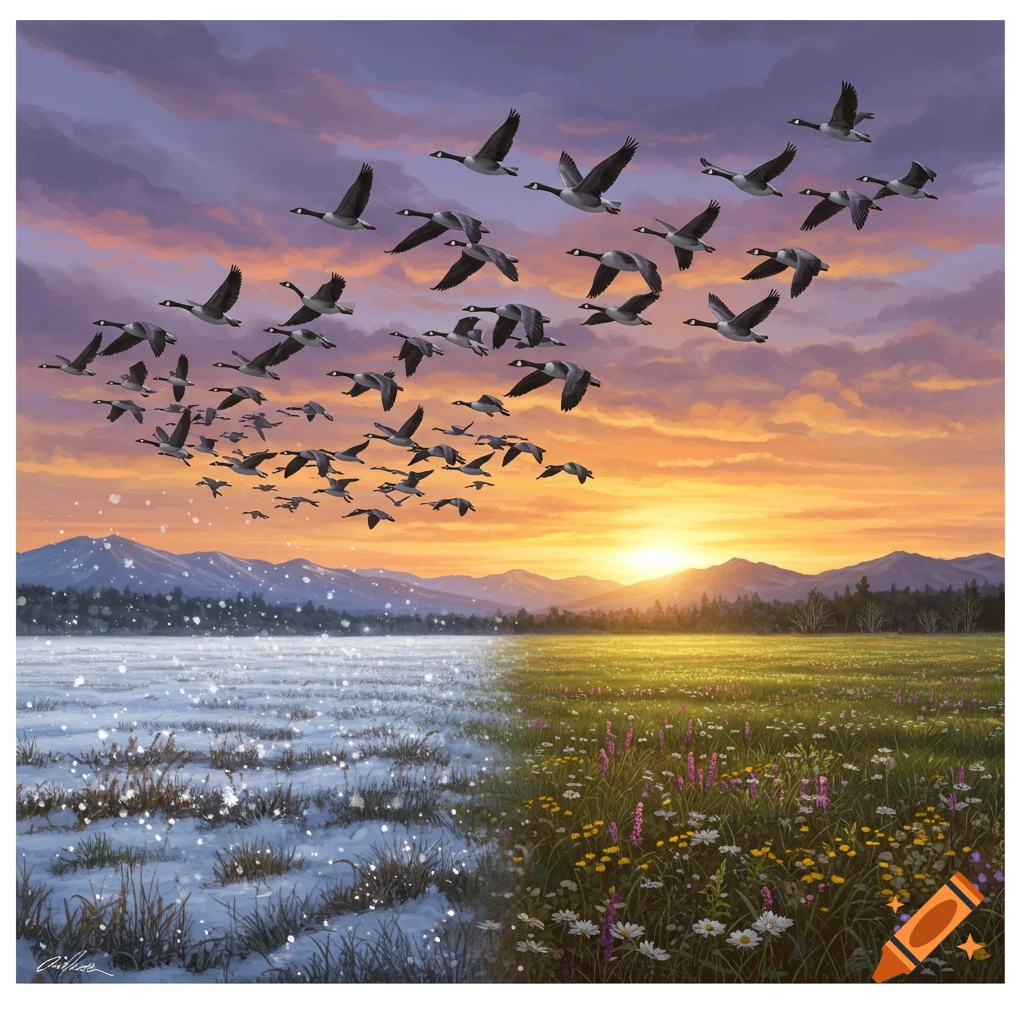 A flock of geese migrates across a landscape split between snowy winter and vibrant spring fields at sunset, in a painterly style.