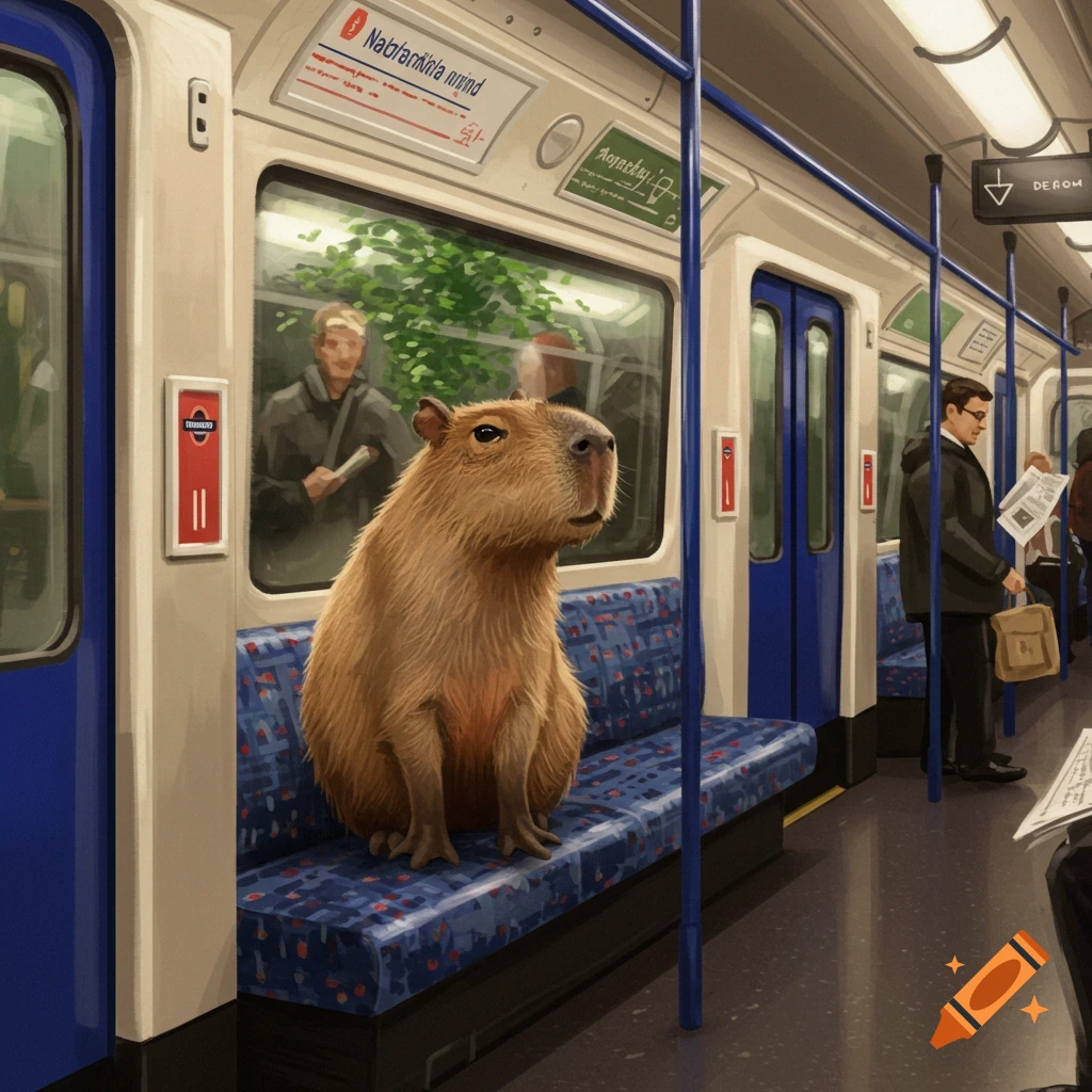 A capybara sits on a blue patterned seat inside a London Underground train, with blurred human passengers and green foliage outside.