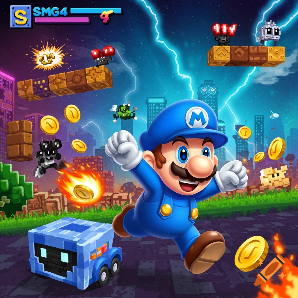 A blue-suited Mario-like character runs through a pixelated city with flying enemies, coins, and a 'SMG4' game UI in a video game art style.