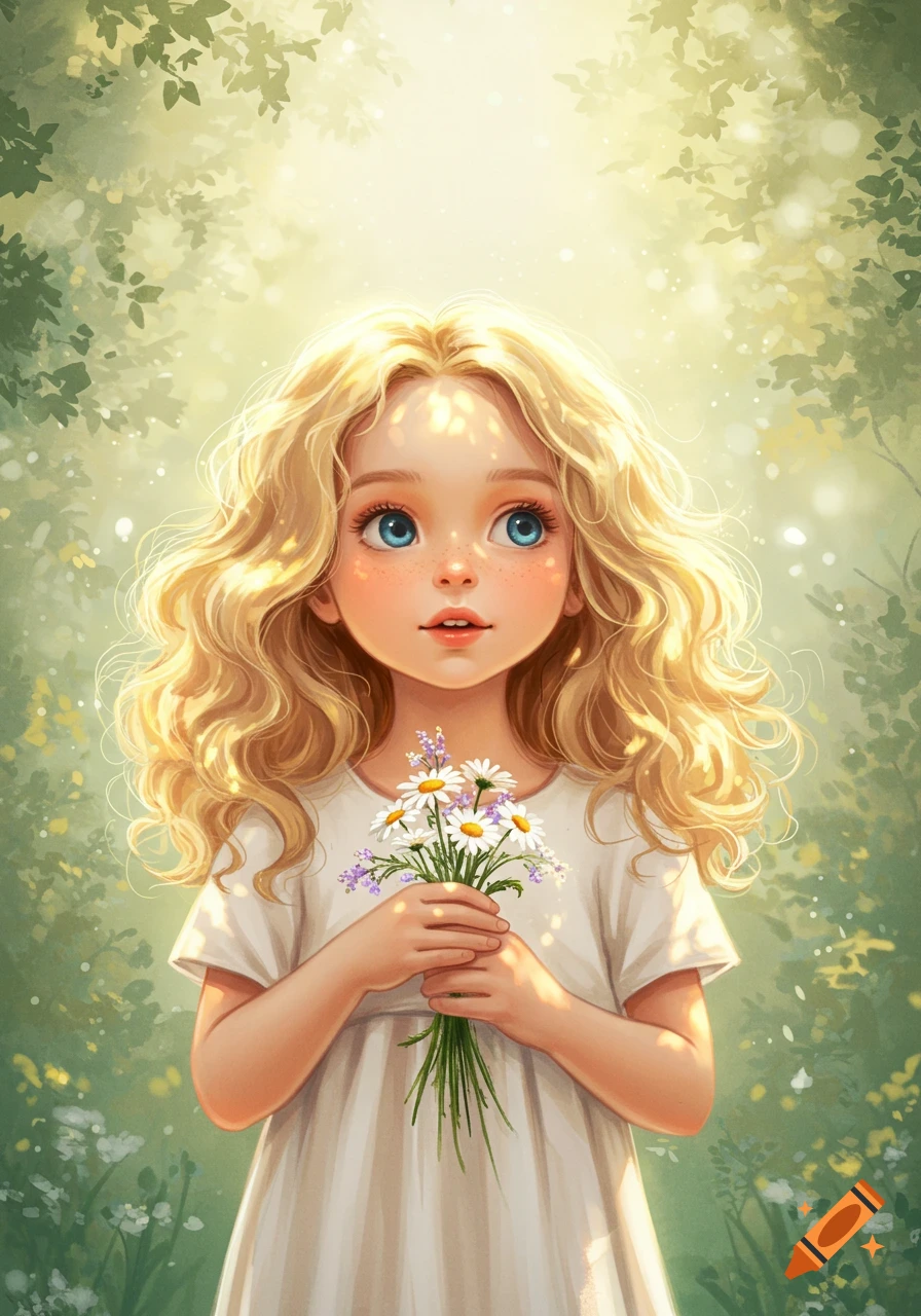 A whimsical digital art illustration of a young blond girl with big blue eyes, holding a small bouquet of daisies and purple flowers, bathed in sunlight in a green forest.