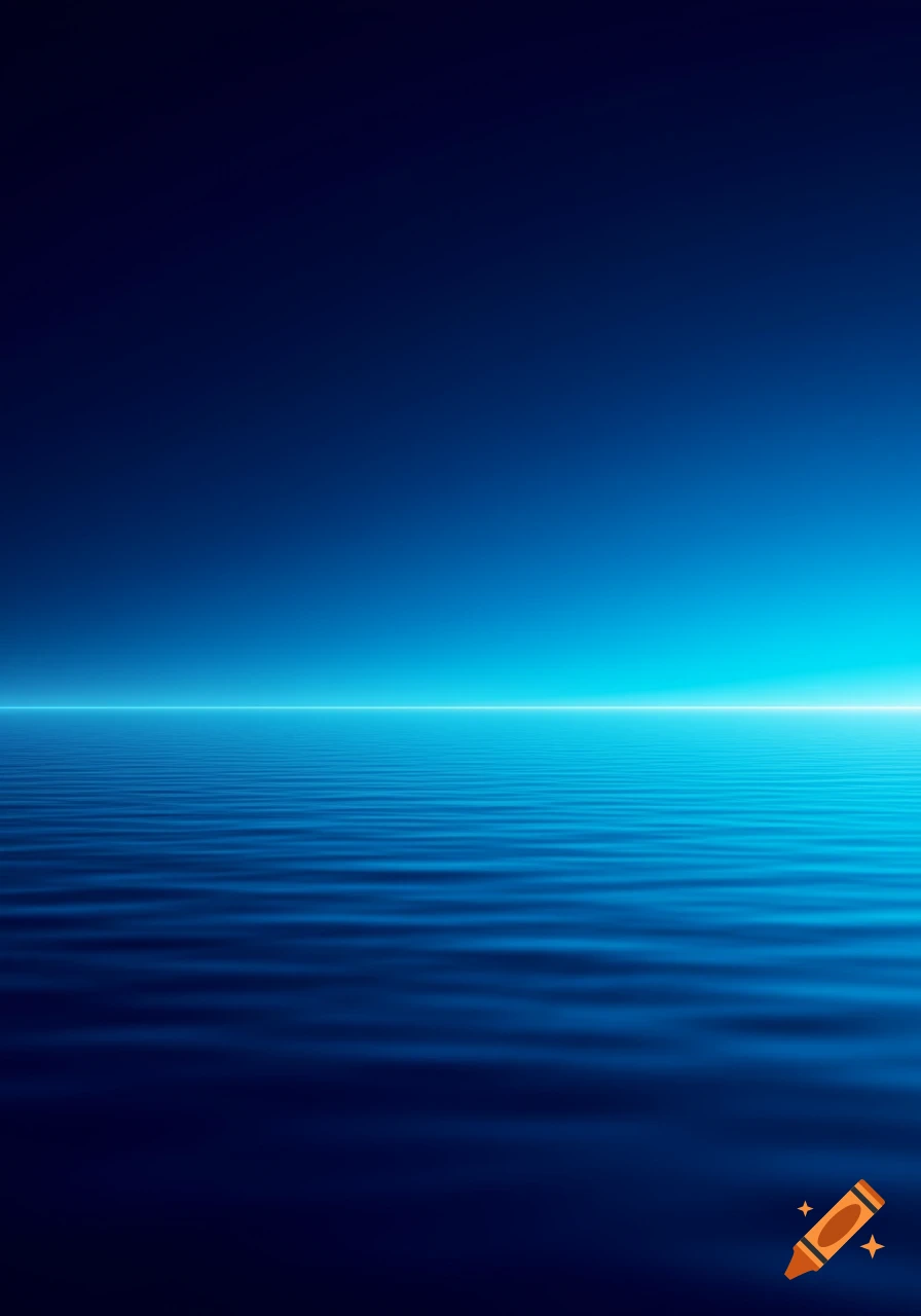 Minimalist blue gradient scene with rippling water and a glowing horizon line.