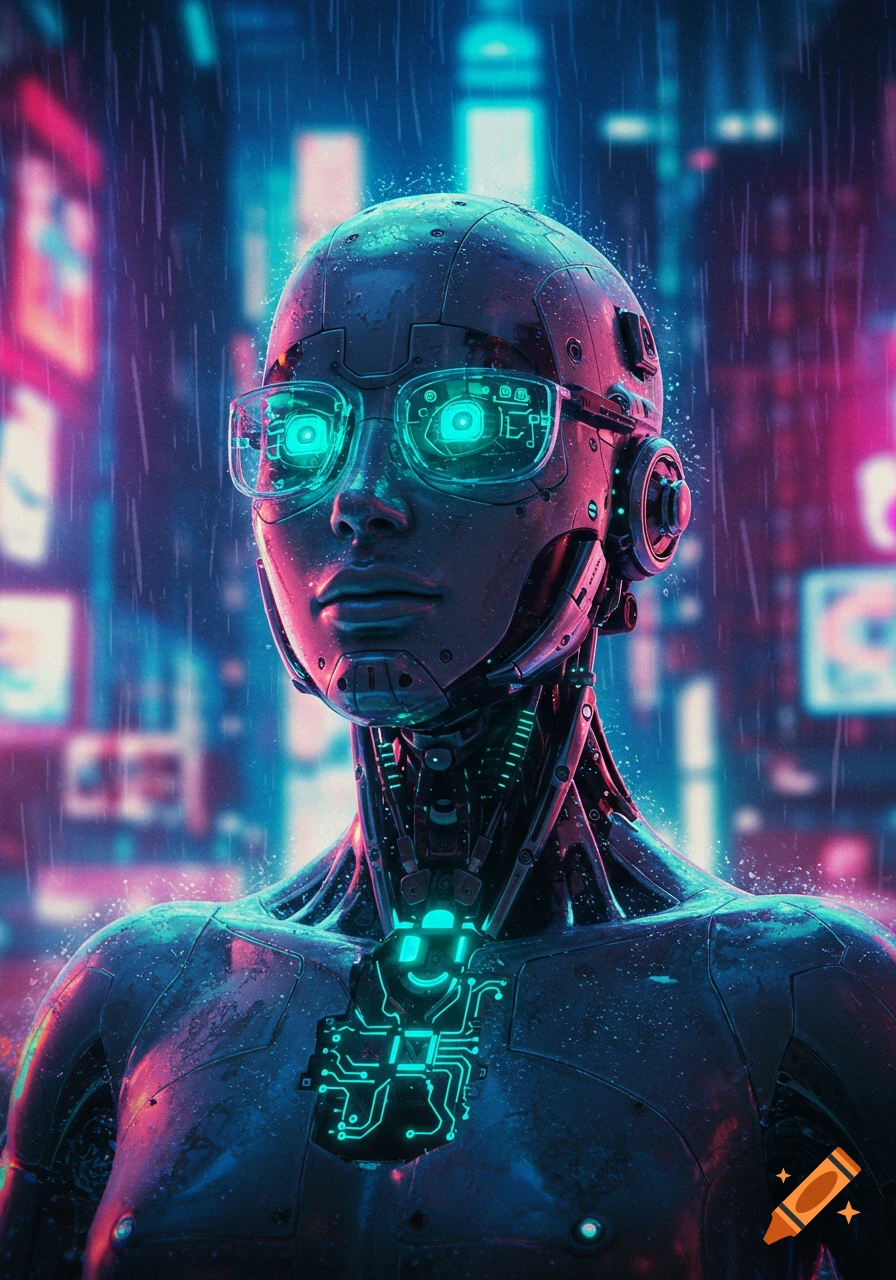 A close-up of a futuristic female cyborg with glowing blue eyes and circuit patterns, in a rainy, neon-lit cyberpunk city.