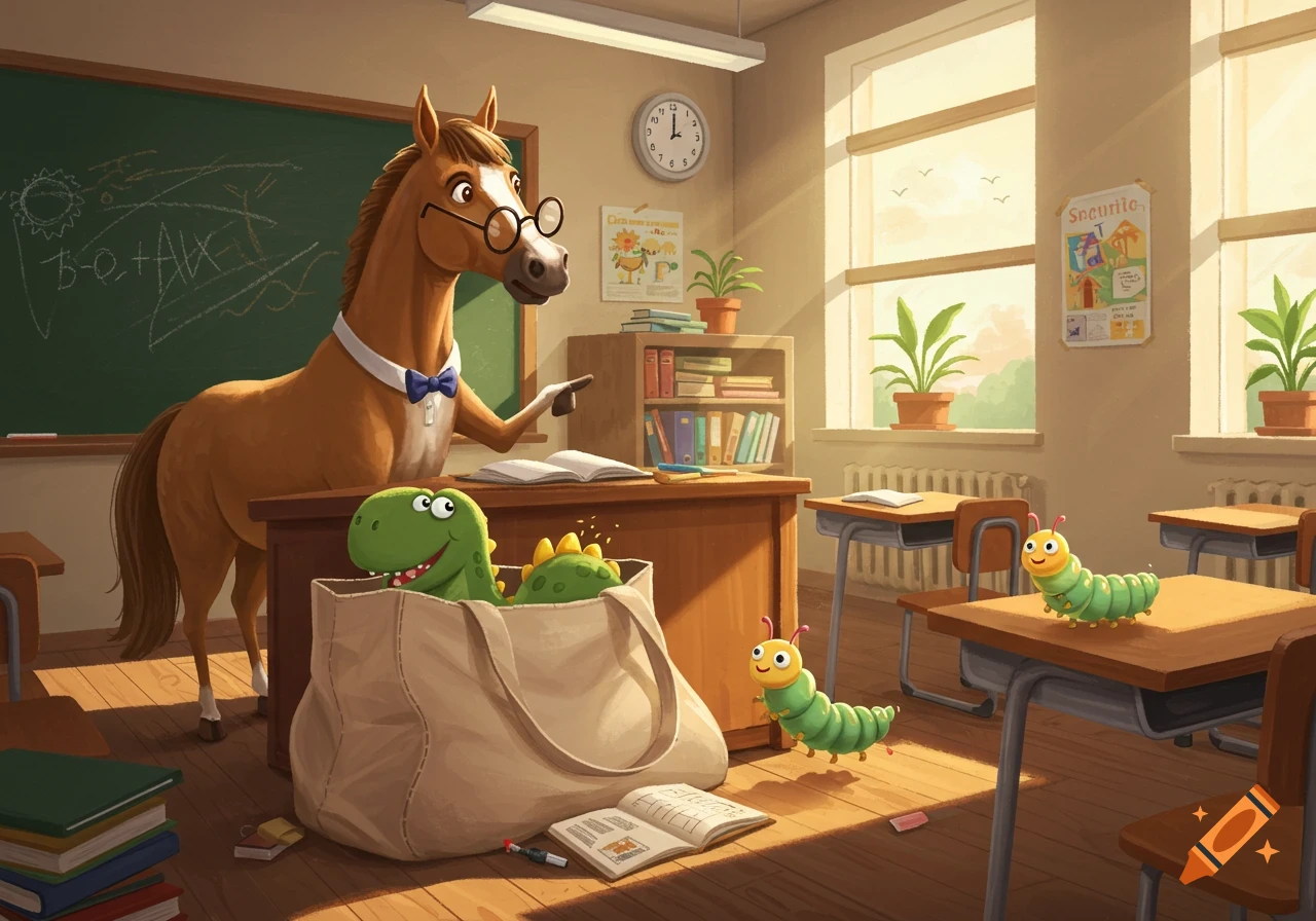 A cartoon horse teacher in a sunlit classroom. A dinosaur peeks from a bag on the desk, and two caterpillars are on a student desk.