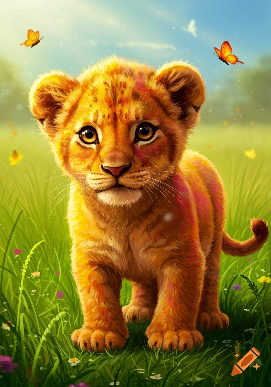 A cute, colorful illustrated baby lion stands in a vibrant green grassy field with butterflies.