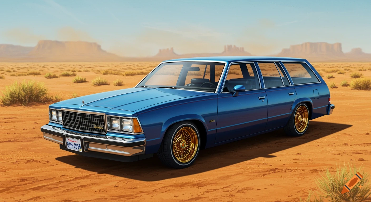 A metallic indigo Chevrolet Malibu station wagon lowrider with gold wire wheels sits in a desert.