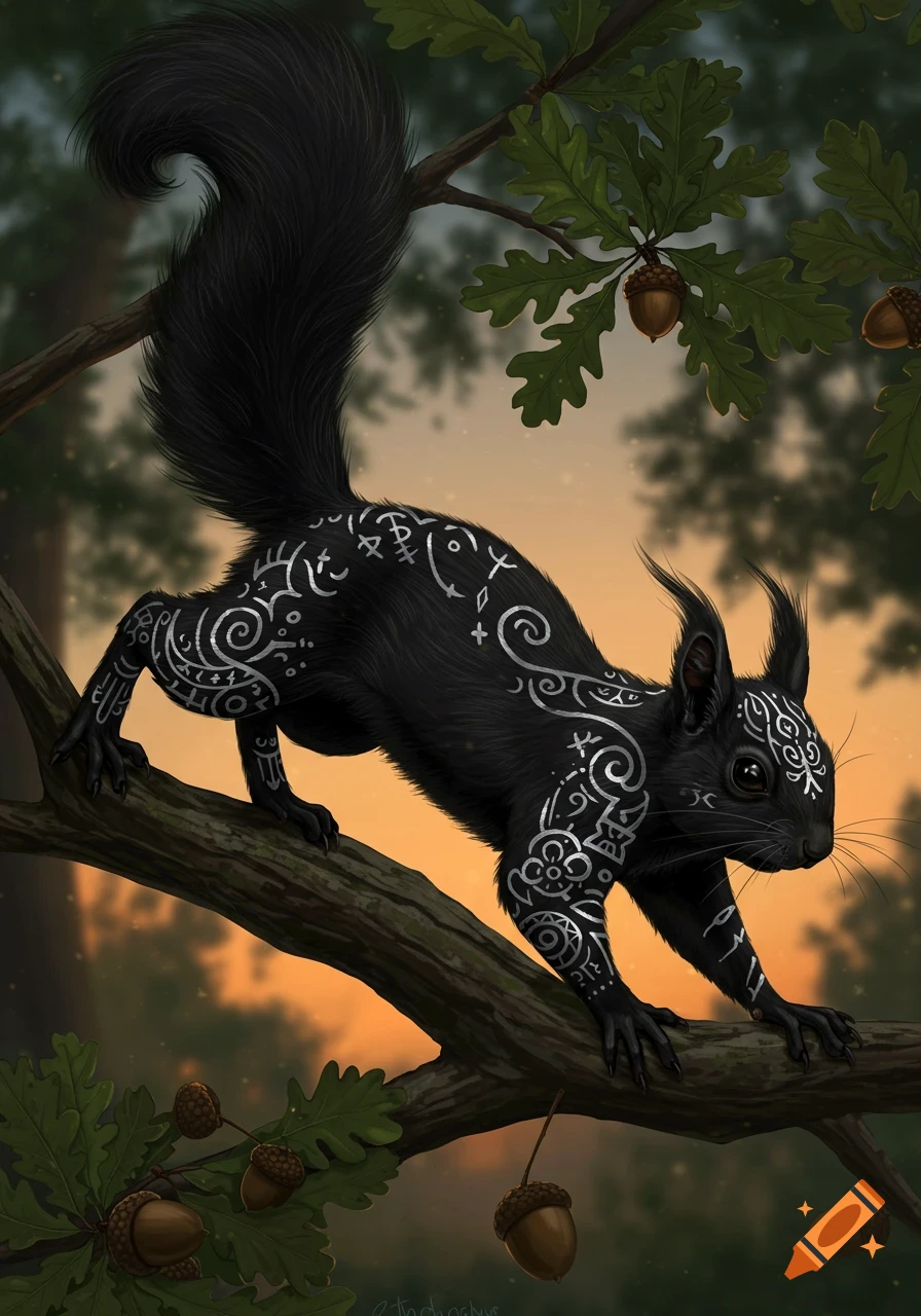 A dark, stylized squirrel with intricate silver glowing patterns resembling runes or tattoos on its fur, climbing an oak branch with acorns against a sunset forest background.