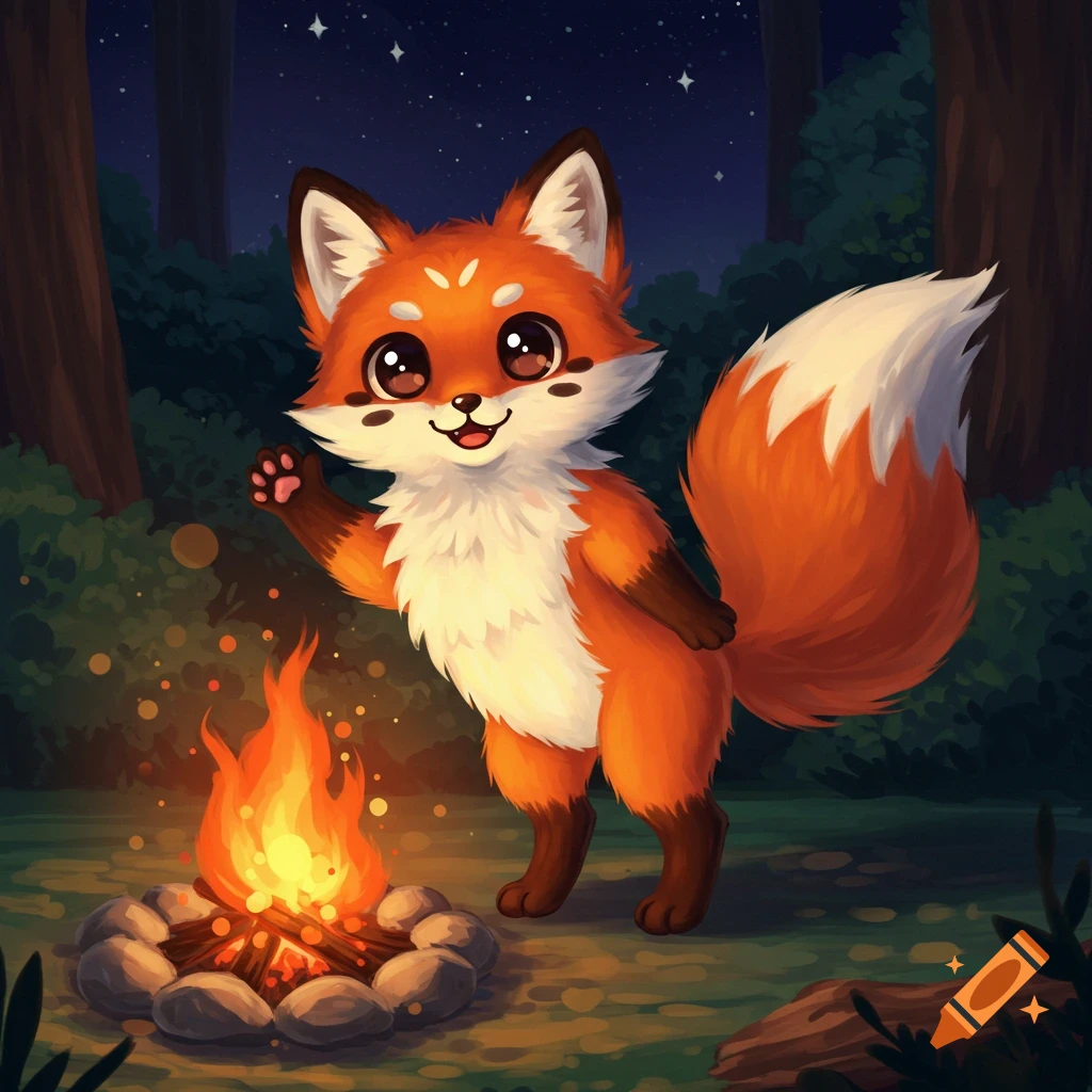 A cute anime-style orange fox with big eyes waves by a glowing campfire in a forest at night under a starry sky.