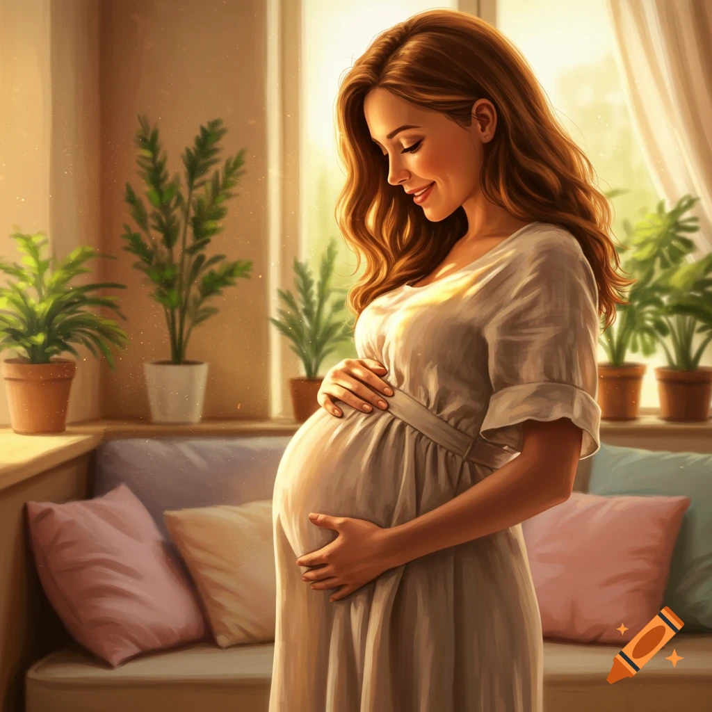 A radiant pregnant woman gently holds her belly, looking down with a loving smile in a sunlit room with potted plants.