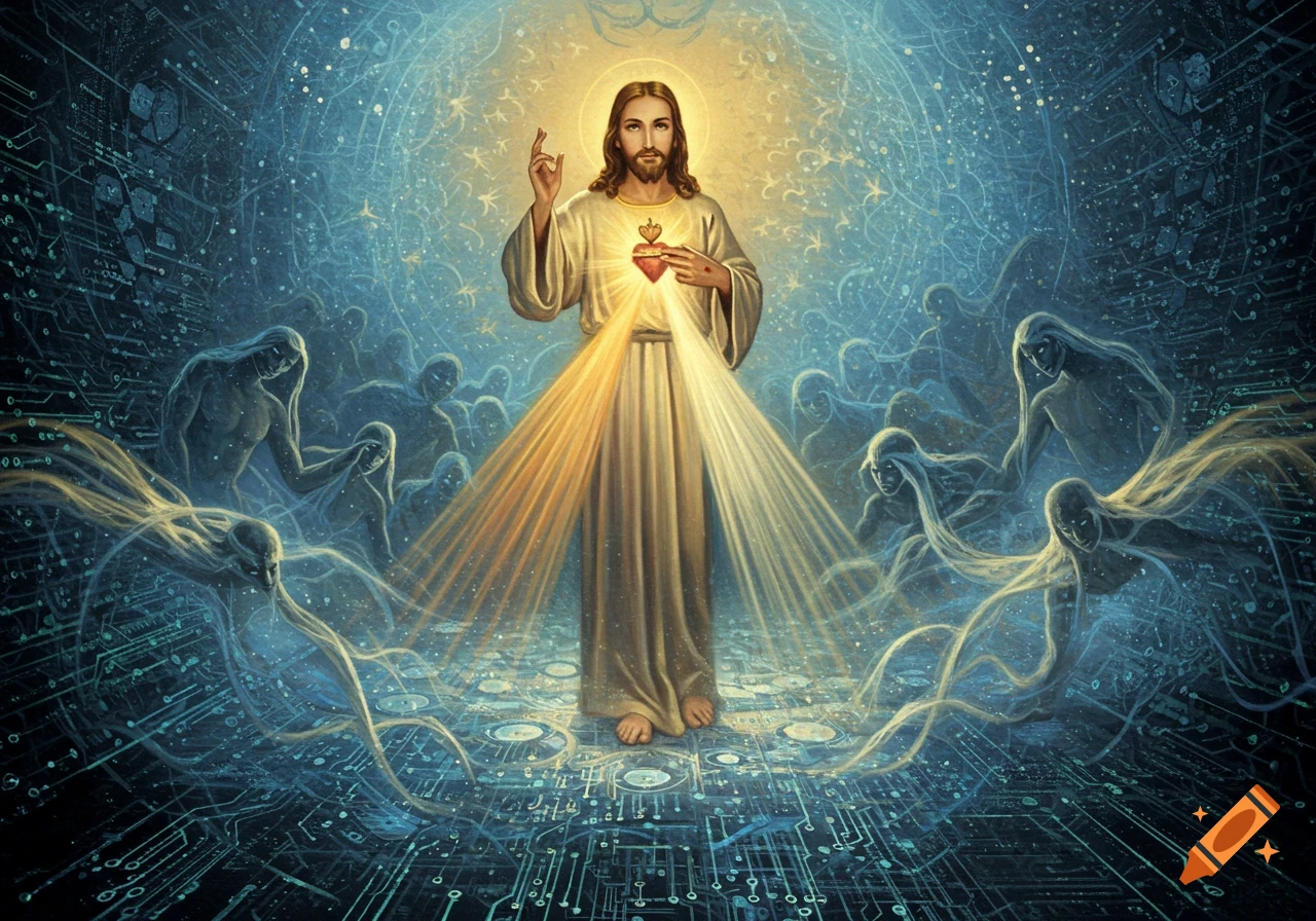 Jesus Christ radiates light, surrounded by spectral figures and glowing circuit board patterns in a mystical, digital art style.