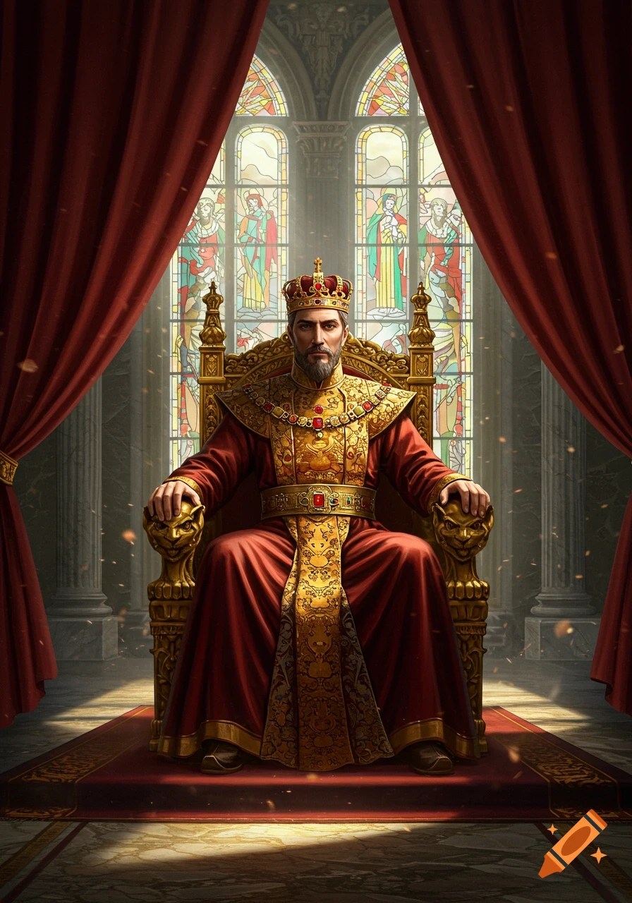 A king in ornate red and gold robes sits on a majestic golden throne in a grand hall with stained glass windows.