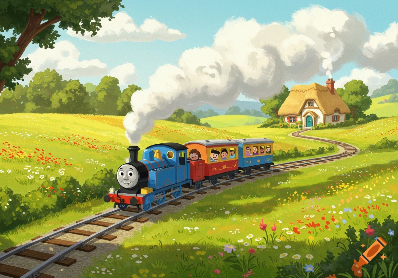 A blue cartoon train with a smiling face pulls carriages filled with children through a vibrant green field with a thatched-roof cottage.