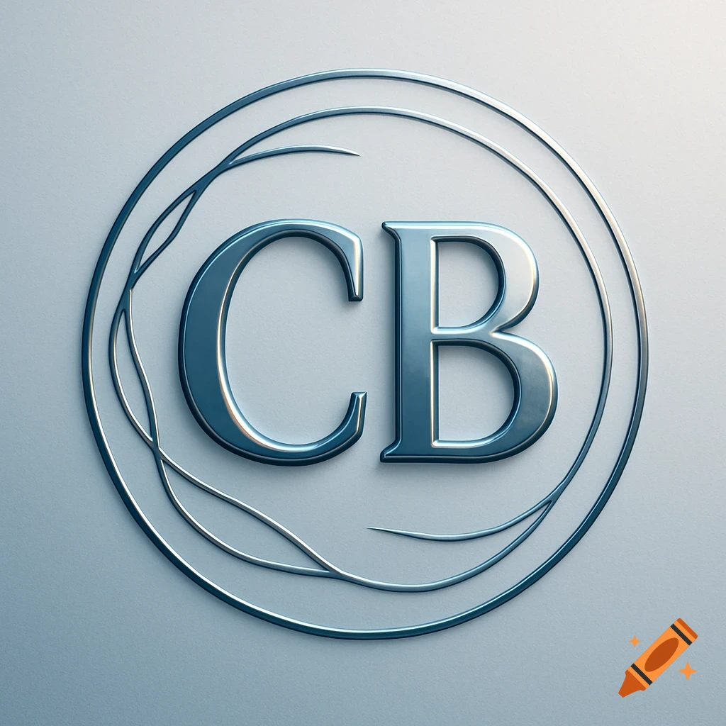 Silver metallic 'CB' monogram within an ornate circular frame on a light background.