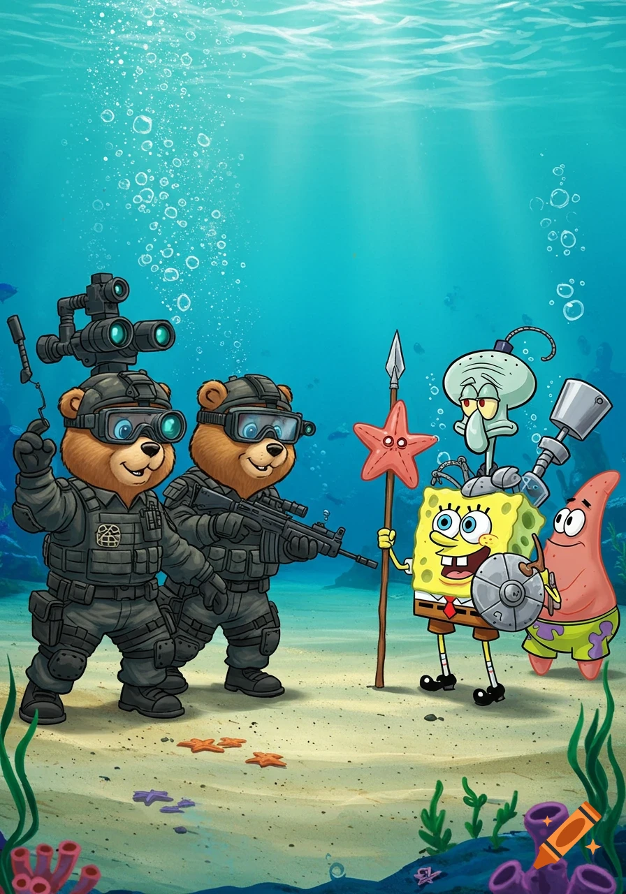Two cartoon bears in military gear with rifles face off against SpongeBob, Patrick, and Squidward underwater.