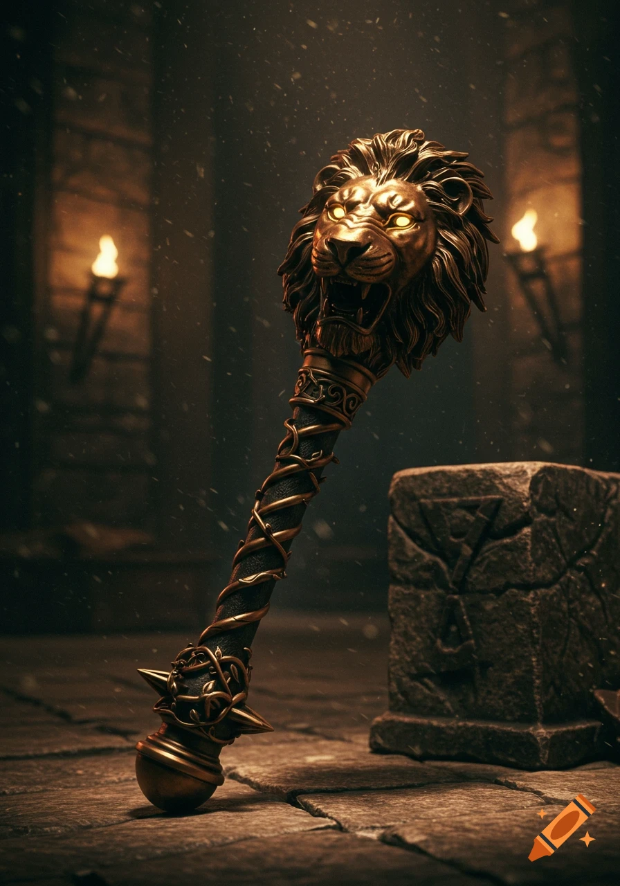 A detailed fantasy mace with a golden lion's head and glowing eyes, standing in a dark, torchlit dungeon.