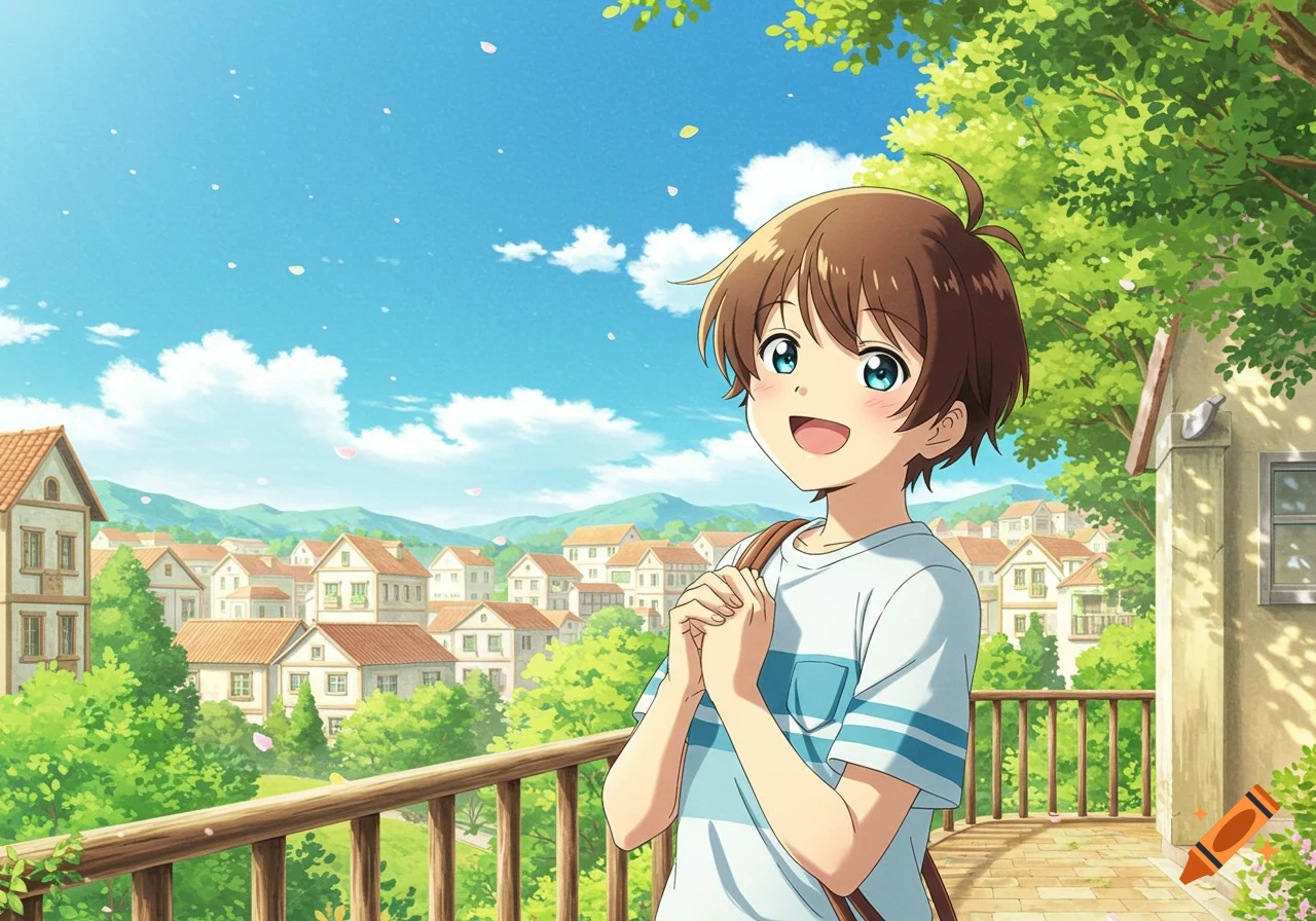 A cheerful anime boy with brown hair and blue eyes smiles on a balcony overlooking a sunny village landscape.
