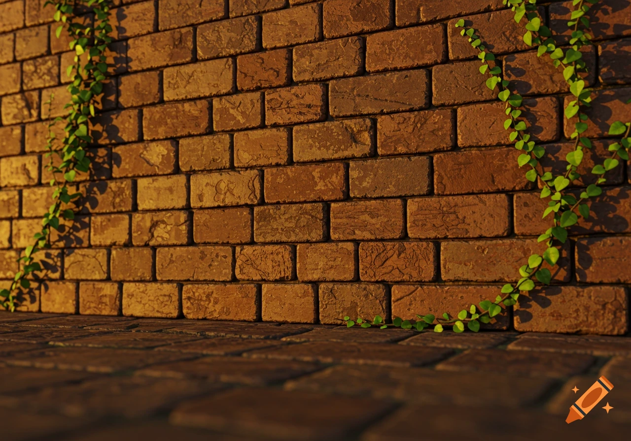 A close-up of a brown brick wall covered with green ivy, illuminated by warm, golden light.