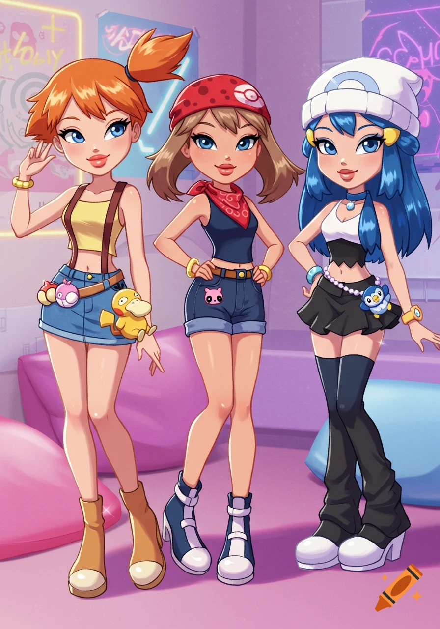 Three stylized Pokemon girls, Misty, May, and Dawn, in trendy outfits, standing together against a pink background.