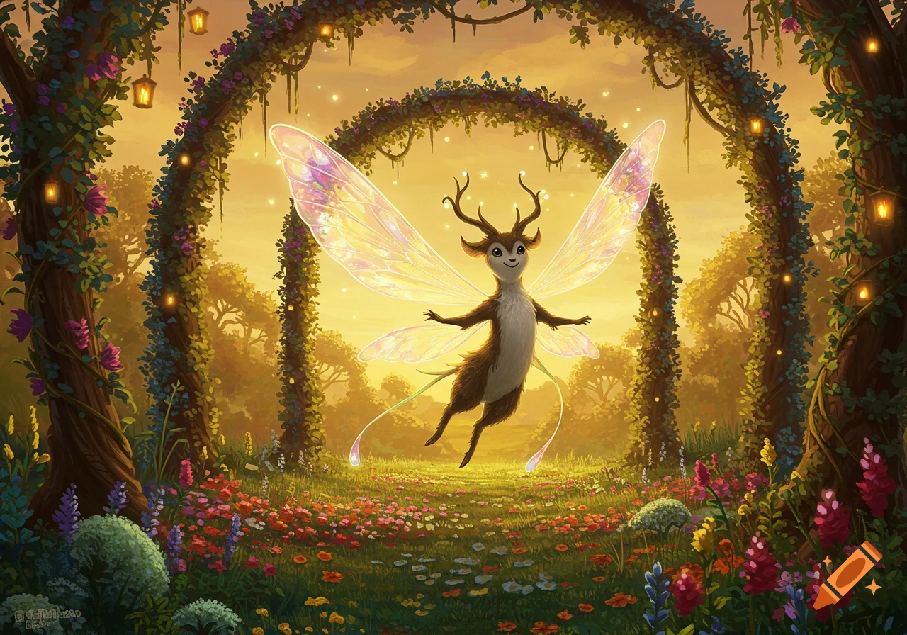 A winged deer-like fantasy creature floats in a magical forest archway adorned with flowers and glowing lanterns at sunset.
