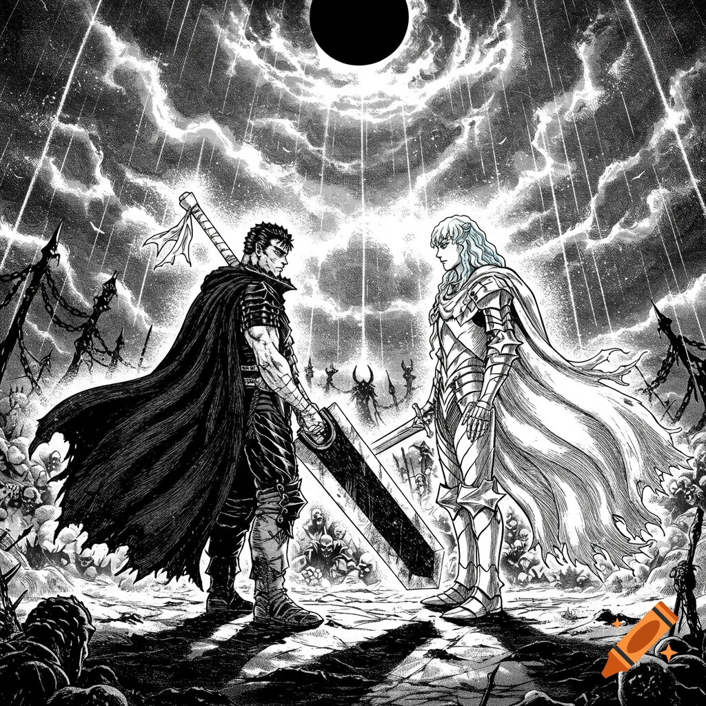 Two armored warriors, Guts and Griffith, face each other under a dark sky with an eclipse in a detailed black and white manga style.