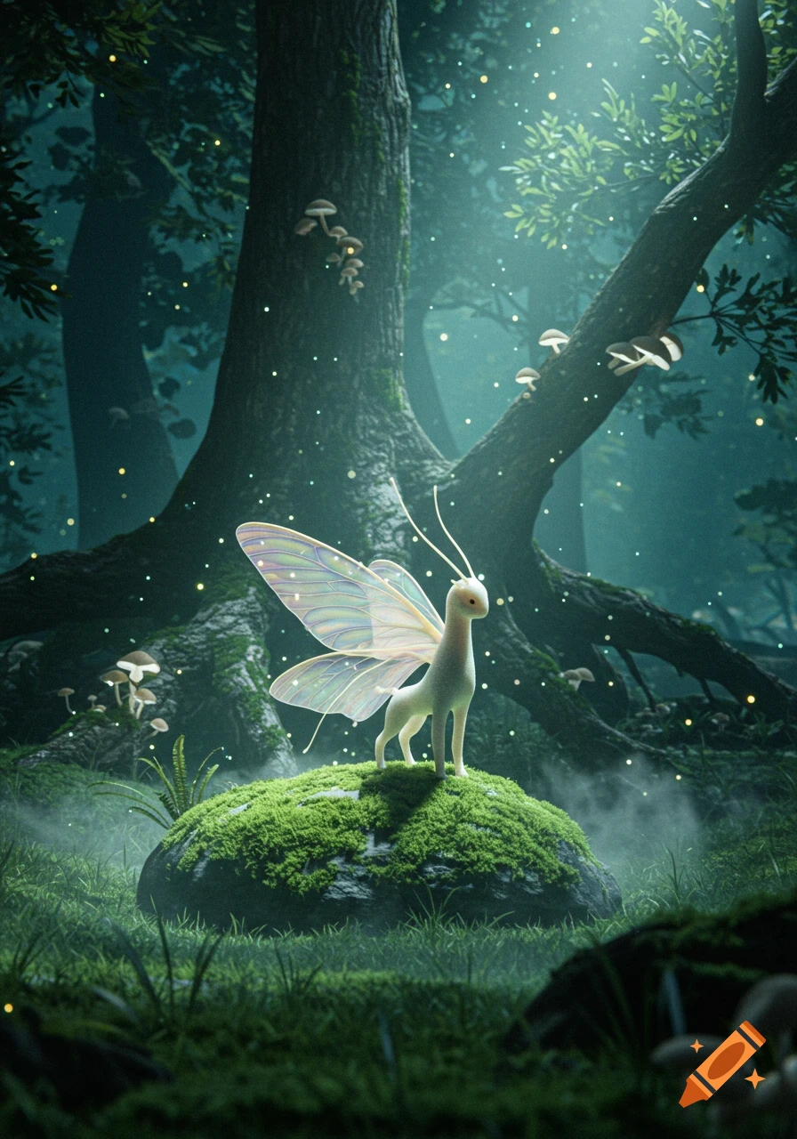A magical deer-like creature with iridescent butterfly wings stands on a mossy rock in a glowing, ethereal forest.