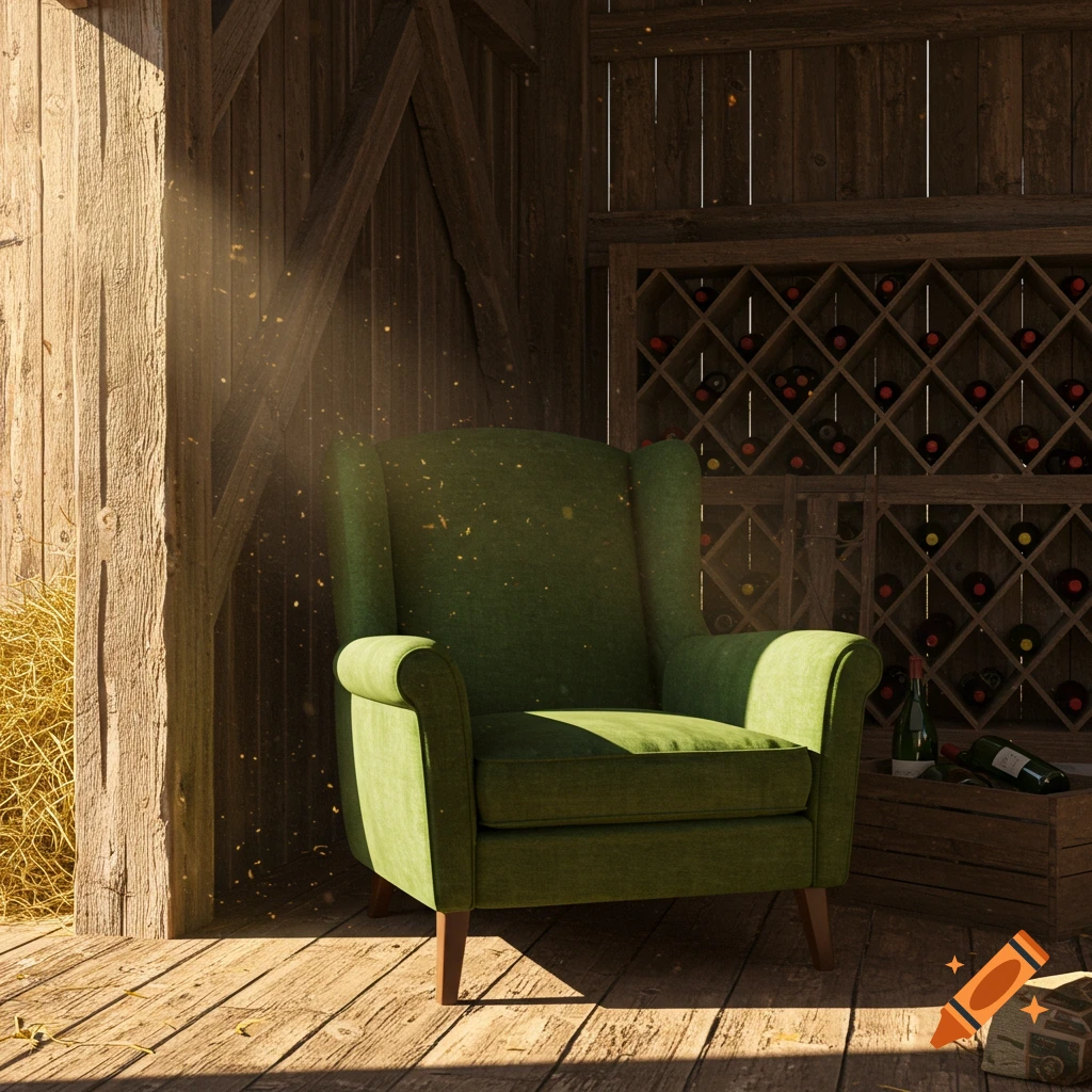 A green armchair in a rustic barn, illuminated by sunlight, with wine bottles on a shelf.