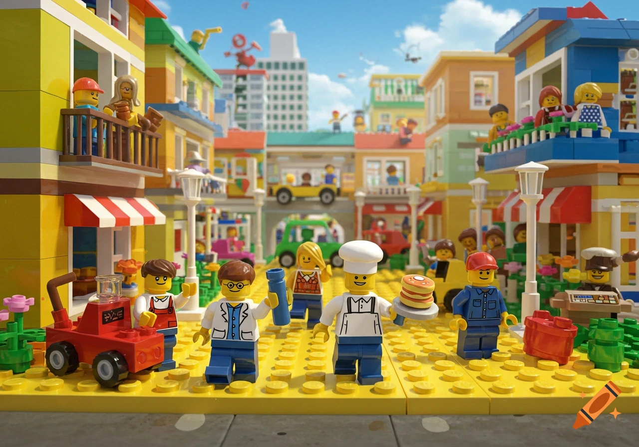 A vibrant Lego town scene with numerous Lego figures going about their day, surrounded by colorful buildings and vehicles.