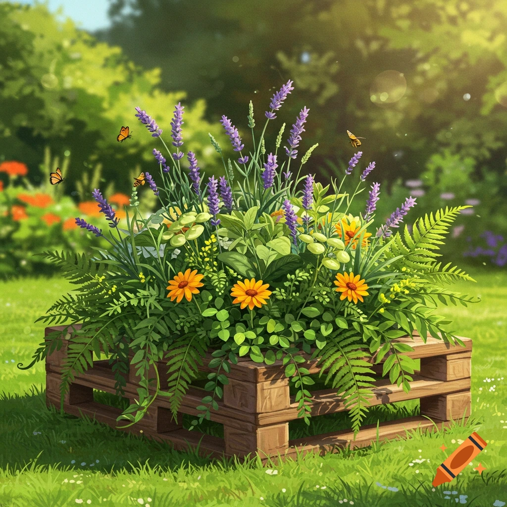 Illustrative pallet planter overflowing with purple lavender, orange daisies, and green ferns in a sunny garden with butterflies.