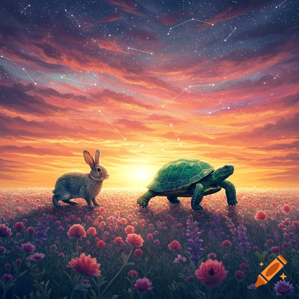 A rabbit and a turtle stand in a vibrant flower field at sunset, under a starry sky with constellations.