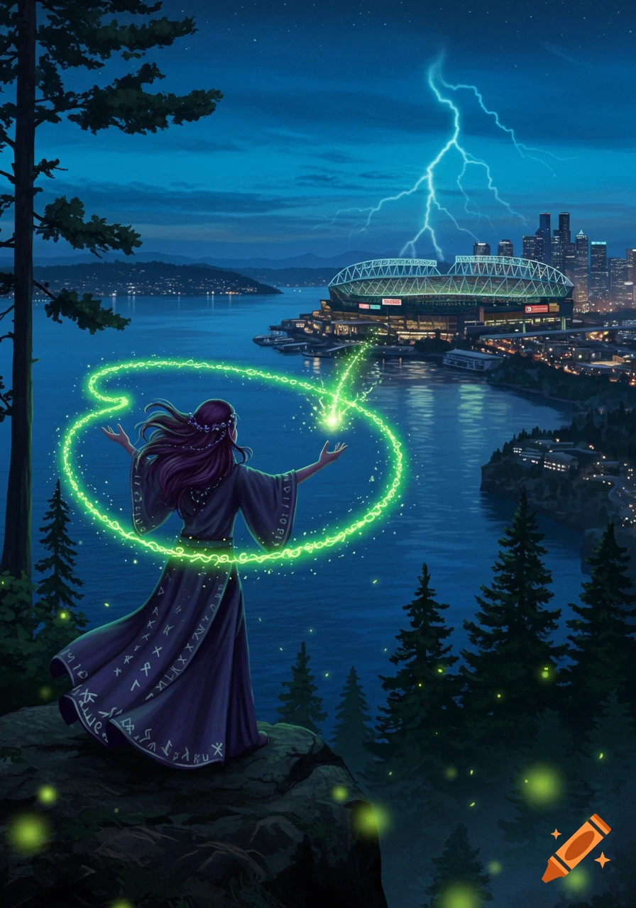 A witch with long purple hair and a dark robe covered in runes casts a green glowing spell over a body of water towards a stadium and cityscape at night under a starry sky with lightning.