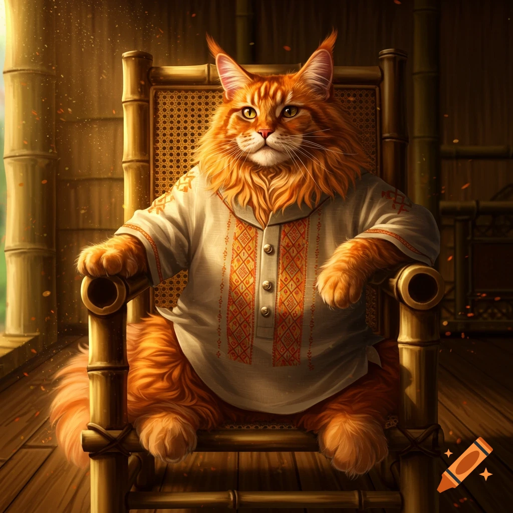 An orange Maine Coon cat wearing a patterned shirt sits regally on a bamboo chair.