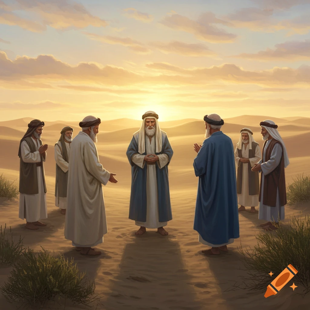 Several men in robes and turbans gather in a desert landscape under a golden sky at sunset, appearing to be in discussion.