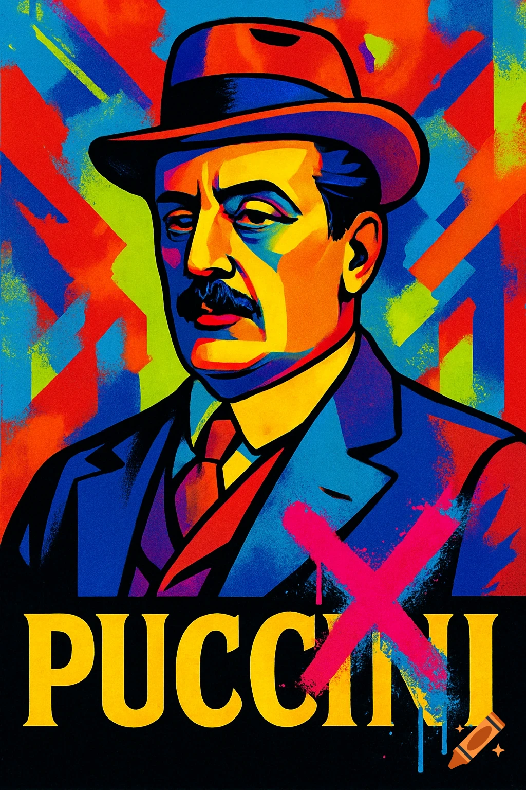 Pop Art portrait of a man in a hat and suit, with vibrant colors. Yellow 'PUCCINI' text has a pink spray-painted 'X' over the last two letters.