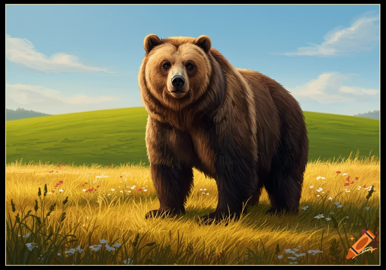 A brown bear stands in a golden grassy field with colorful wildflowers, green hills, and a blue sky in a stylized illustration.