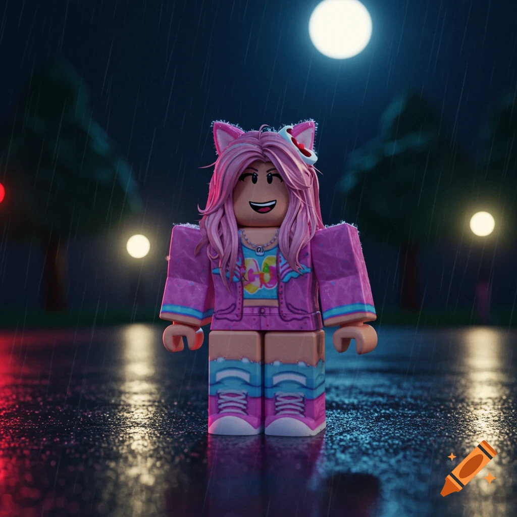 A Roblox-style girl with pink hair and cat ears in a pink jacket stands on a wet street at night under moonlight and rain.