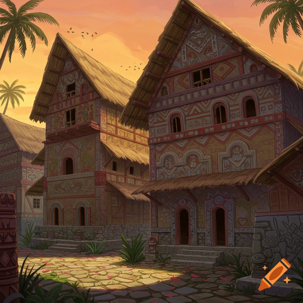 Village street with colorful patterned houses and thatched roofs under an orange sky with palm trees, illustration.
