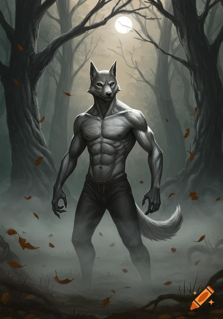 A muscular anthropomorphic wolf-like creature, or Dogman, stands in a misty, dark forest under a full moon. Fantasy illustration.