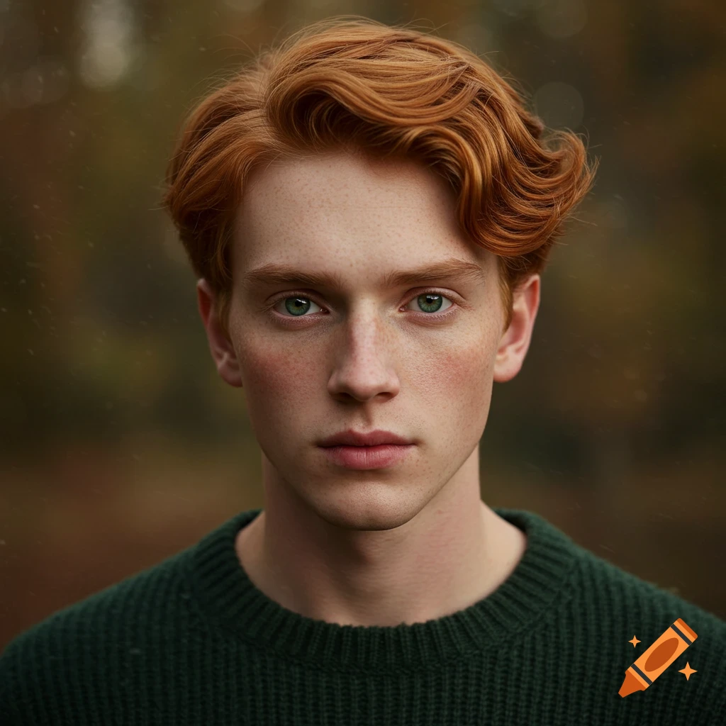 Photorealistic portrait of a pale young ginger man with green eyes and freckles, wearing a dark green sweater, looking directly at the viewer.