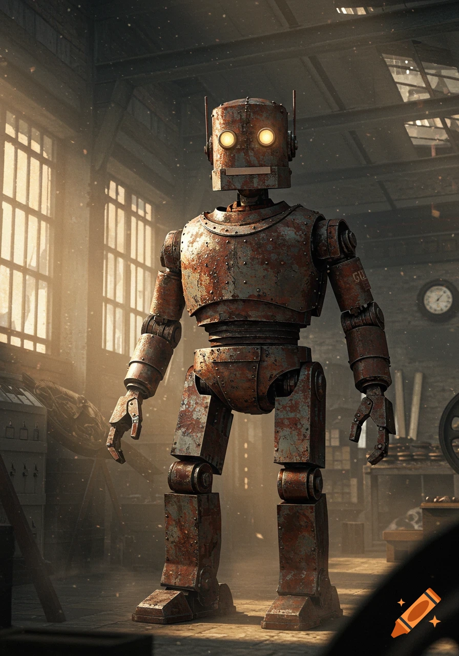 A full-body shot of a rusted, old-fashioned robot with glowing yellow eyes stands in a sunlit, dusty workshop.