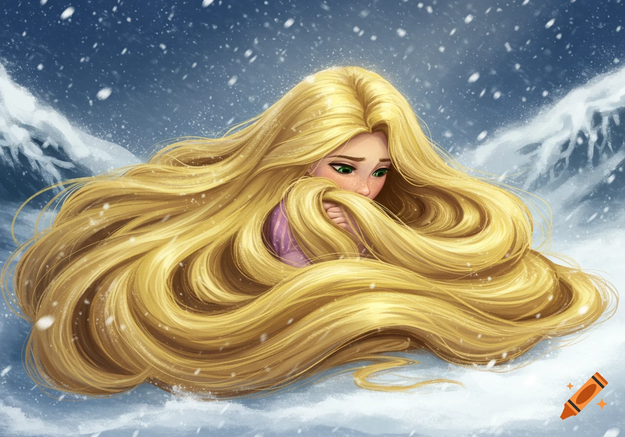 Animated Rapunzel shivers, wrapped in her long golden hair, amidst a snowy blizzard with mountains in the background.