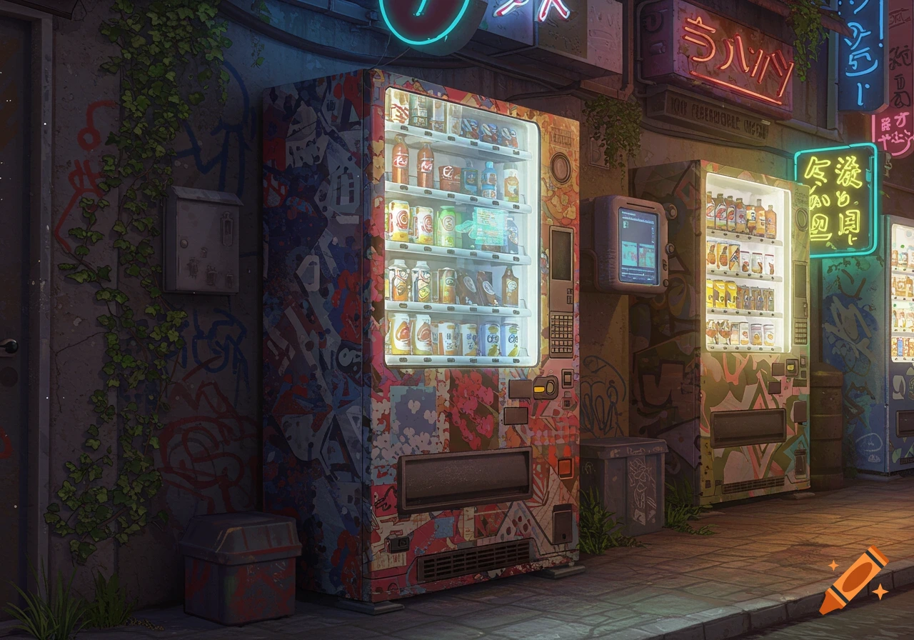 A street scene at night features several vending machines covered in graffiti, illuminated by colorful neon signs.