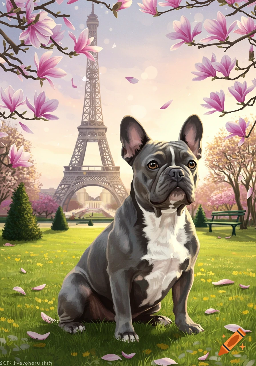 Illustrative gray French bulldog with white belly sitting in a park with the Eiffel Tower and pink magnolias.